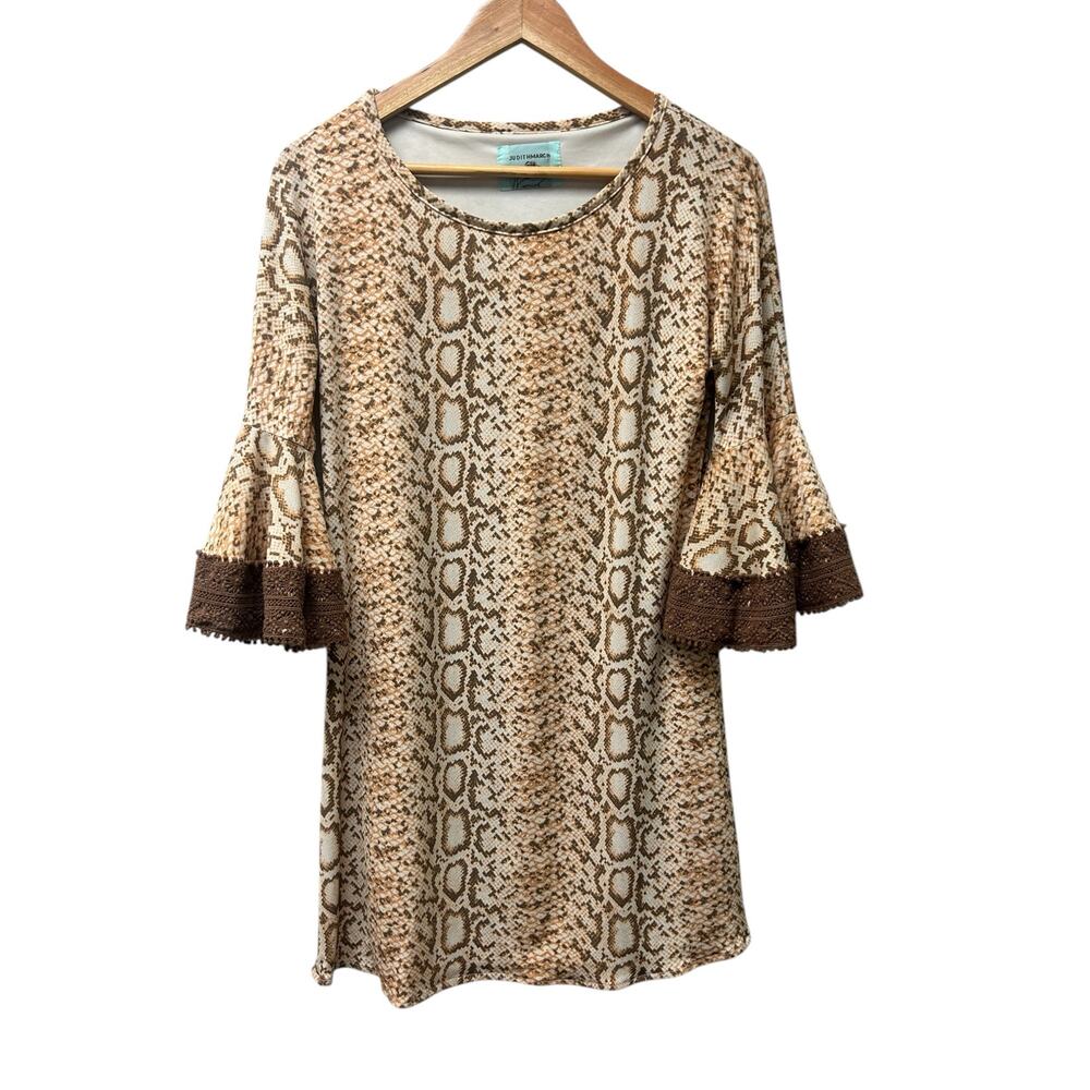 Judith March Leopard Print Dress Sz S Lined Embroidered Sleeve Boho Animal Print